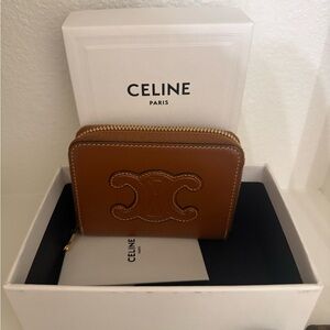 Celine Tan Leather Triomphe Zip Card Case with Gold Hardware